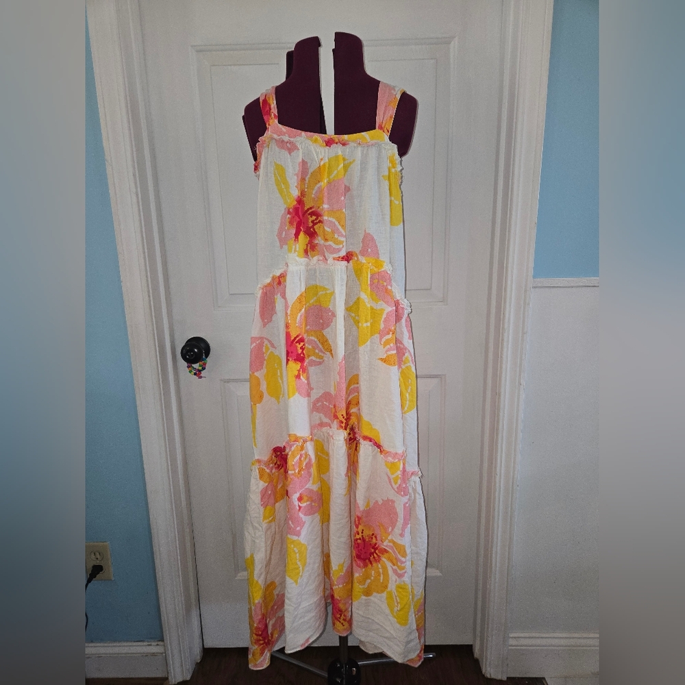 Free People Moonshine Floral XS Distressed Linen Dress